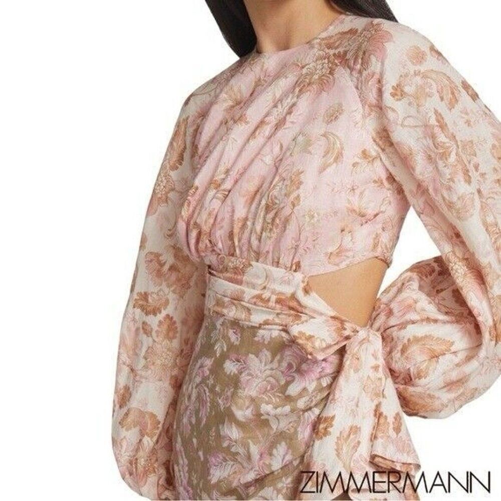 Zimmermann Lyre Wrap Billow Mini Dress Women’s Size 4 US 12 Light Pink Linen - Picture 4 of 16